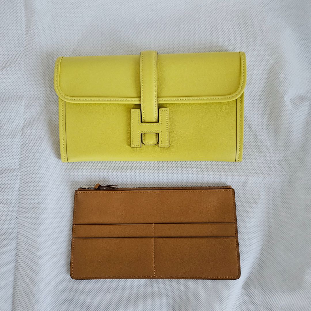 Hermès Yellow Jige Clutch with Gold Leather Zip Pouch