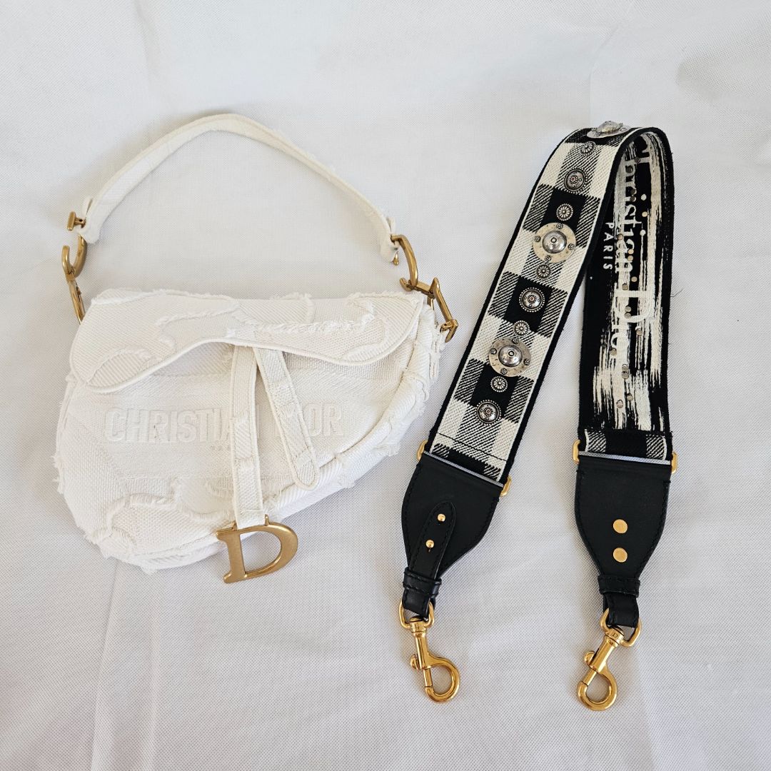 Dior White Patchwork Saddle bag with Bejeweled strap