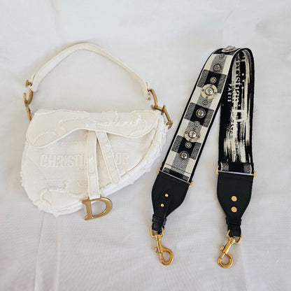 Dior White Patchwork Saddle bag with Bejeweled strap