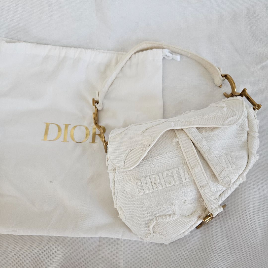 Dior White Patchwork Saddle bag with Bejeweled strap