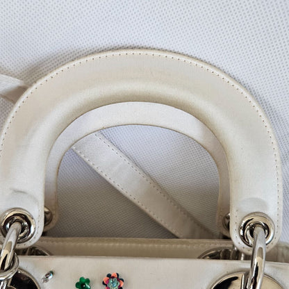 Dior White Satin Mini Lady Dior with Beaded Detail