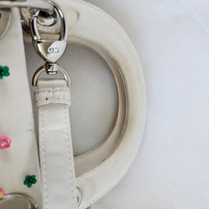 Dior White Satin Mini Lady Dior with Beaded Detail