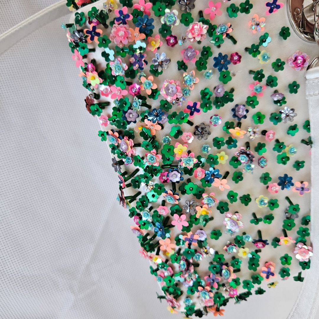 Dior White Satin Mini Lady Dior with Beaded Detail