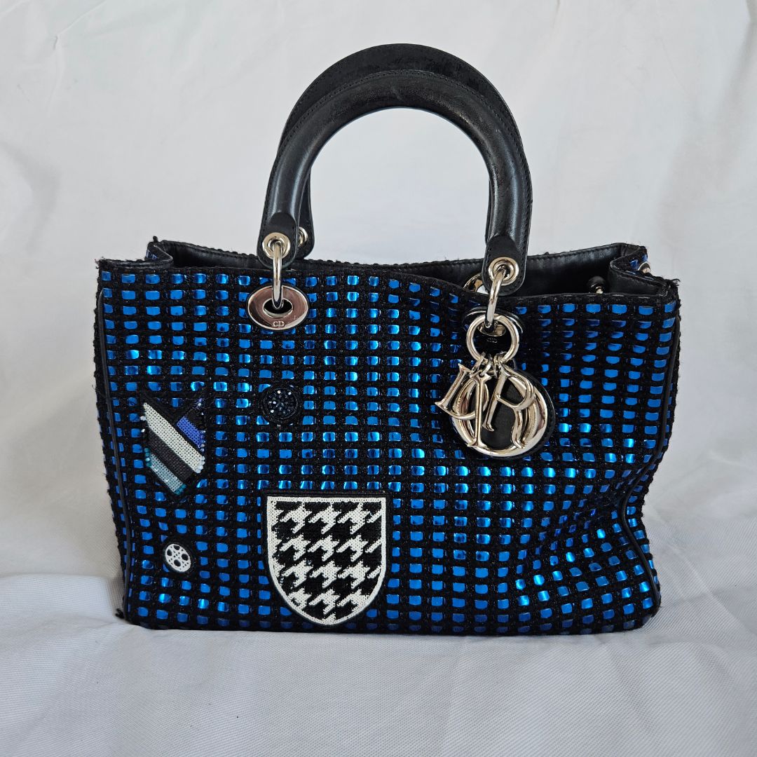 Dior Metallic Blue/Black Tweed and Leather Medium