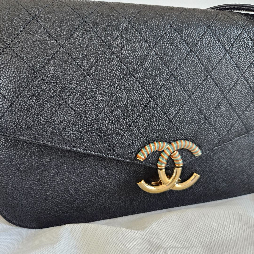 Chanel black quilted leather thread around wallet on chain