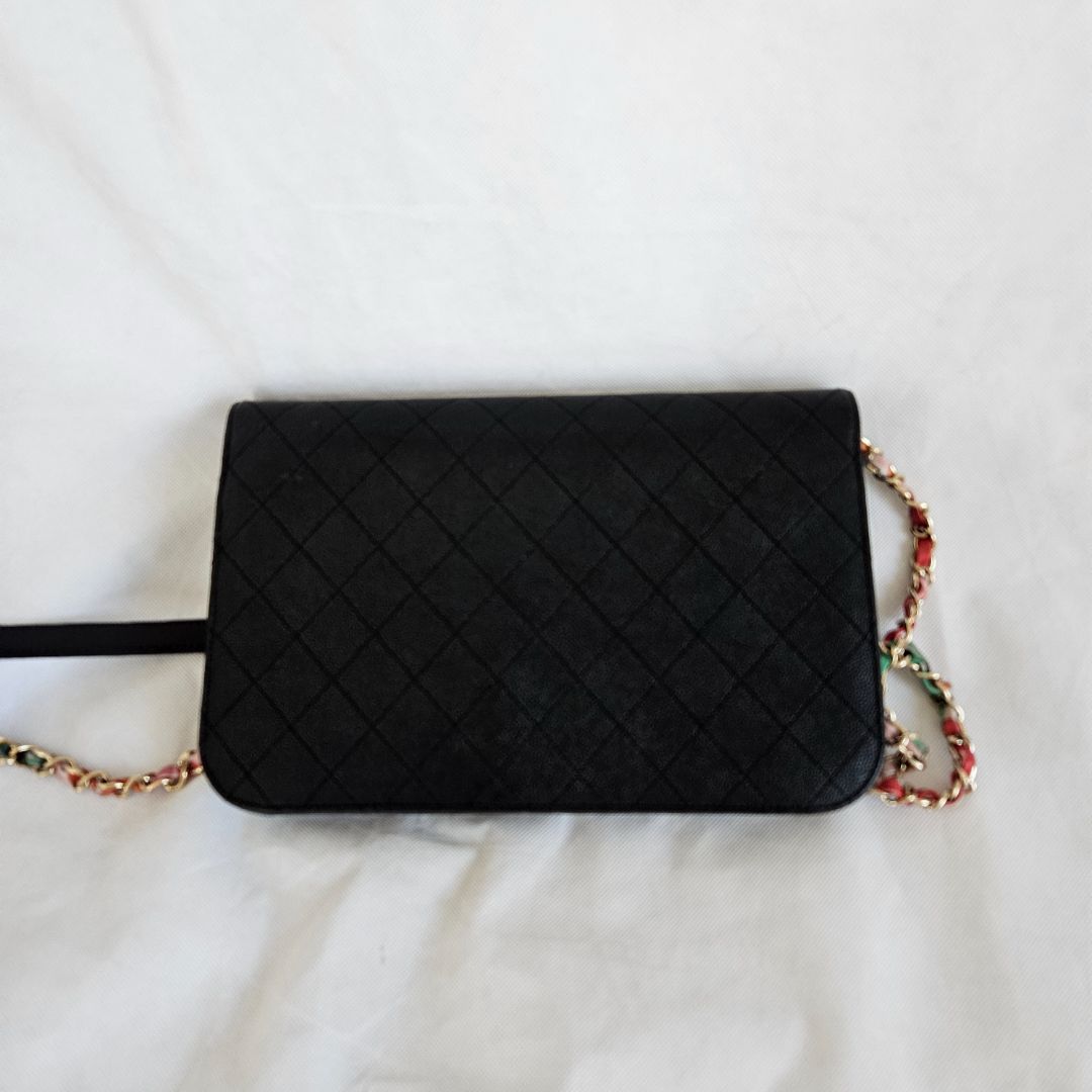 Chanel black quilted leather thread around wallet on chain