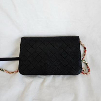 Chanel black quilted leather thread around wallet on chain