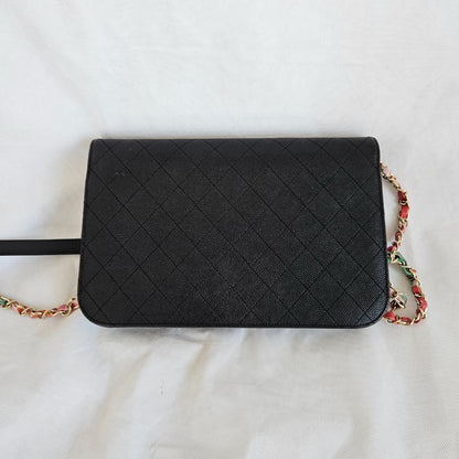 Chanel black quilted leather thread around wallet on chain