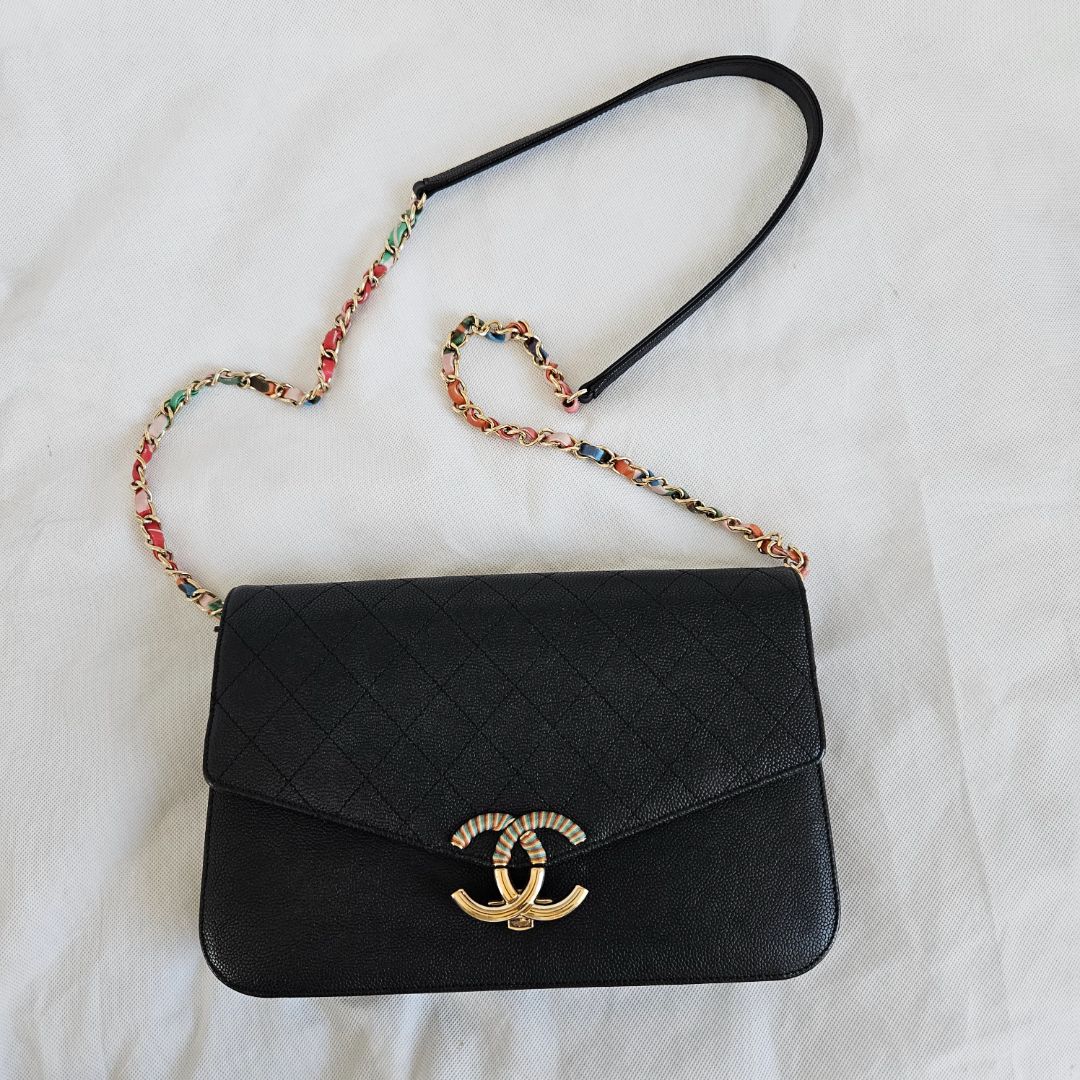 Chanel black quilted leather thread around wallet on chain