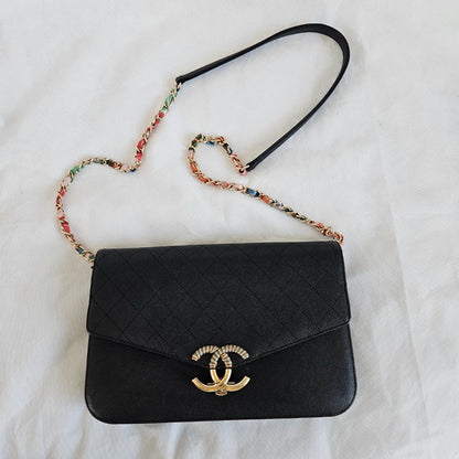 Chanel black quilted leather thread around wallet on chain