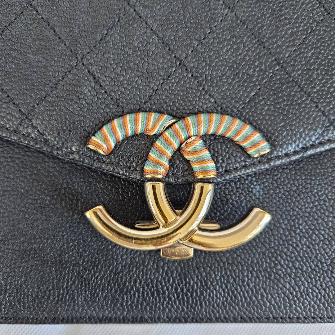 Chanel black quilted leather thread around wallet on chain