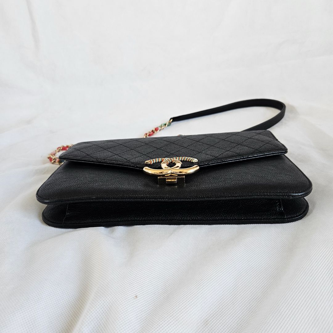 Chanel black quilted leather thread around wallet on chain