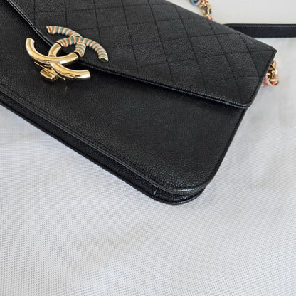 Chanel black quilted leather thread around wallet on chain