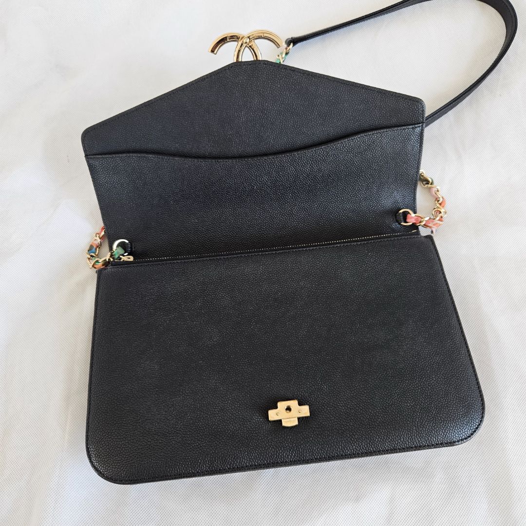 Chanel black quilted leather thread around wallet on chain