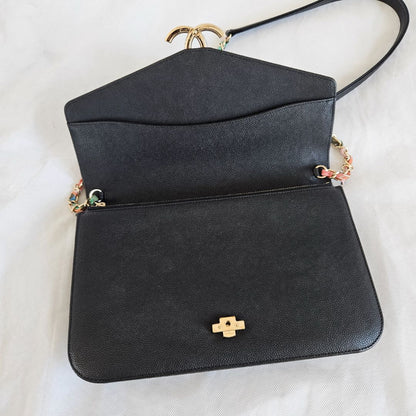 Chanel black quilted leather thread around wallet on chain