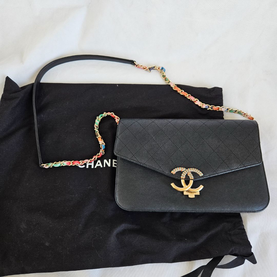 Chanel black quilted leather thread around wallet on chain
