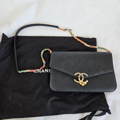 Chanel black quilted leather thread around wallet on chain