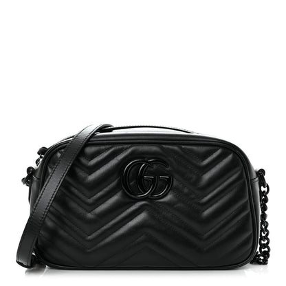 Gucci Calfskin Matelasse Monochrome Small GG Marmont Chain Shoulder Bag Black