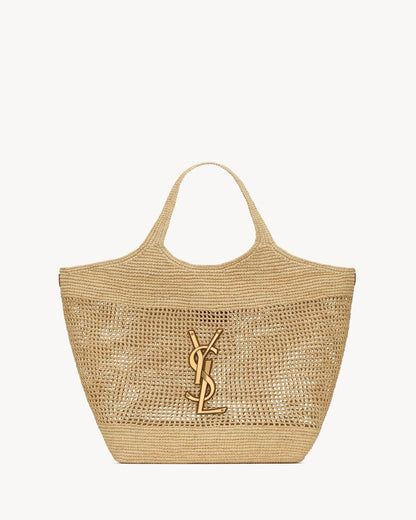 SAINT LAURENT ICARE IN RAFFIA NATUREL AND BROWN GOLD