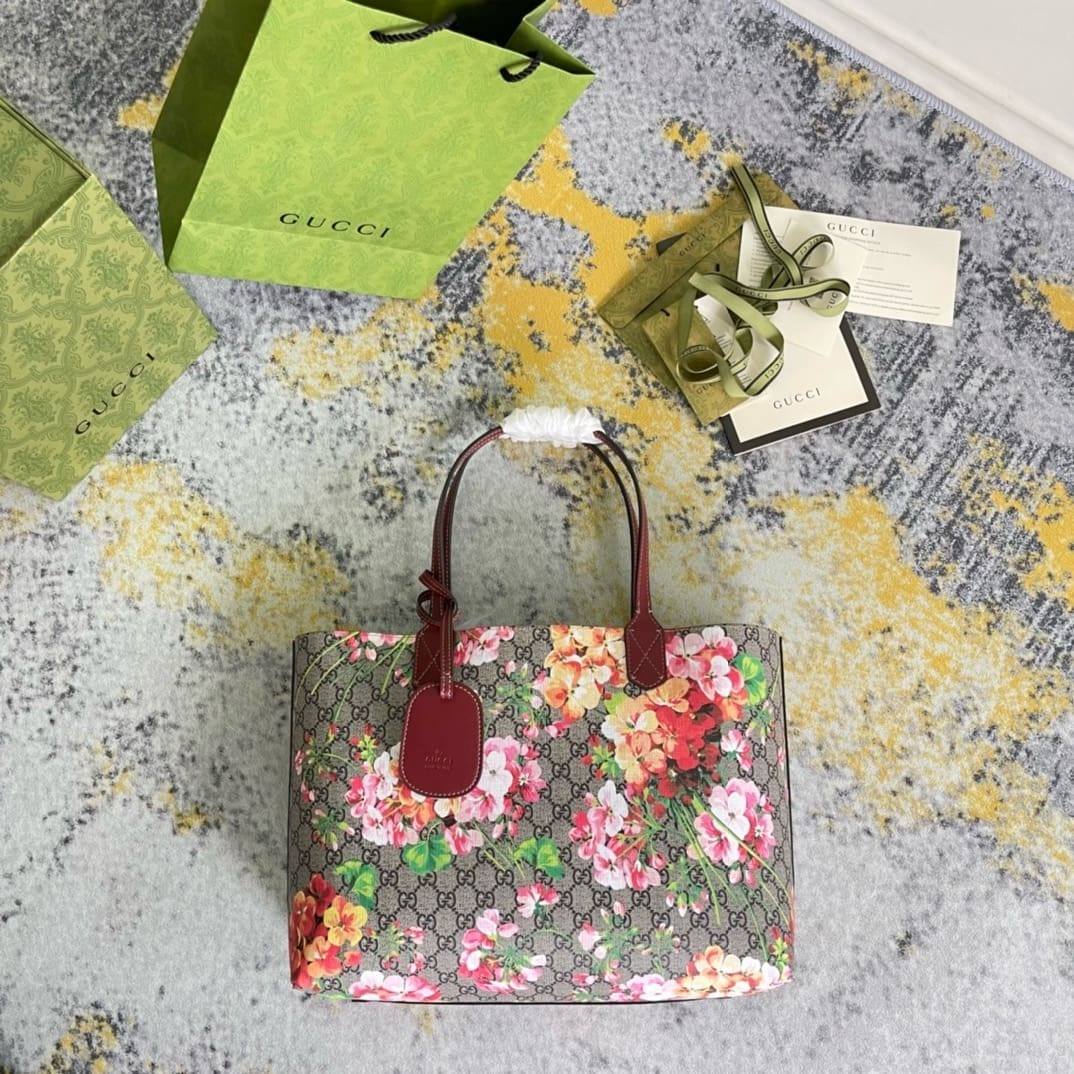 Gucci Tote Bag Floral Pattern GG Blooms Reversible Beige Pink