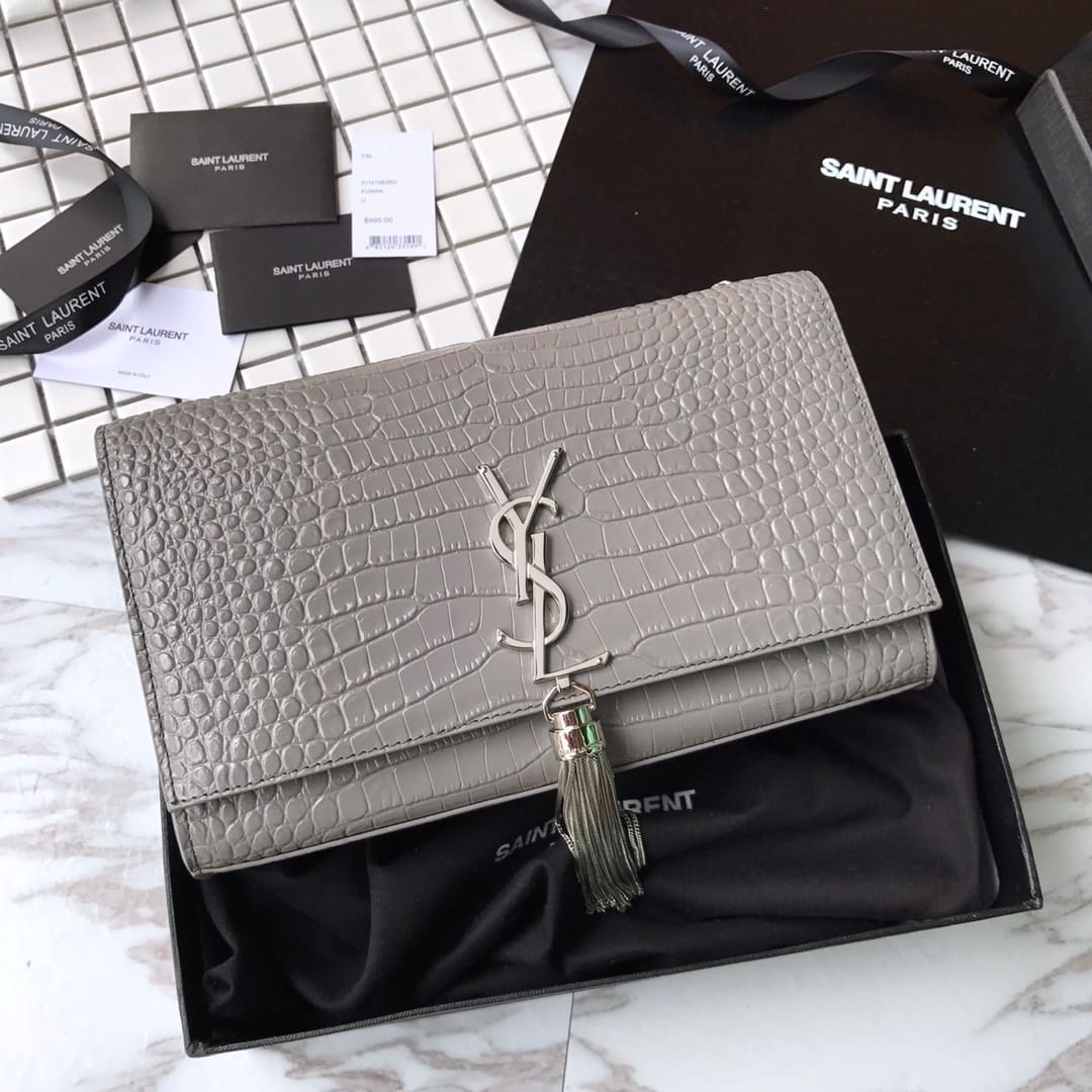 Saint Laurent Grey Crocodile Embossed Kate Medium