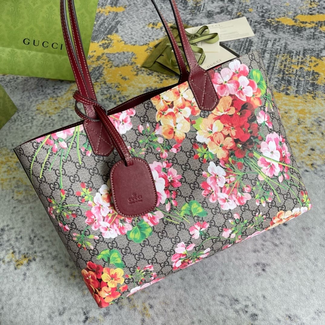 Gucci Tote Bag Floral Pattern GG Blooms Reversible Beige Pink