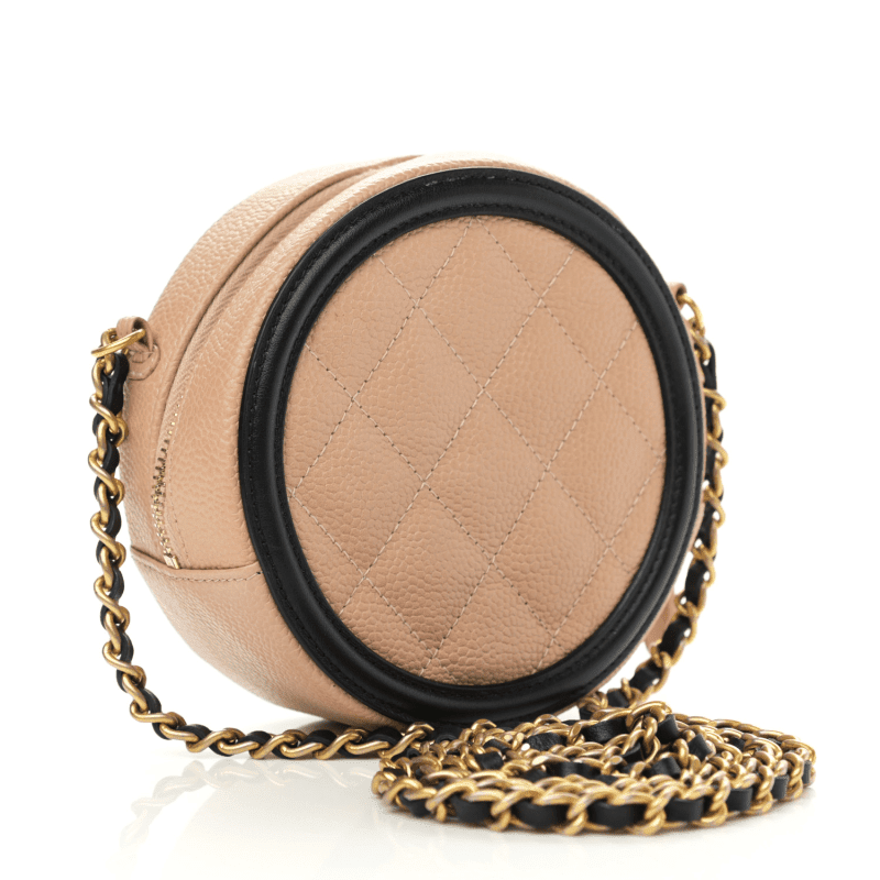 CHANEL Caviar Quilted Round Filigree Crossbody Beige Black