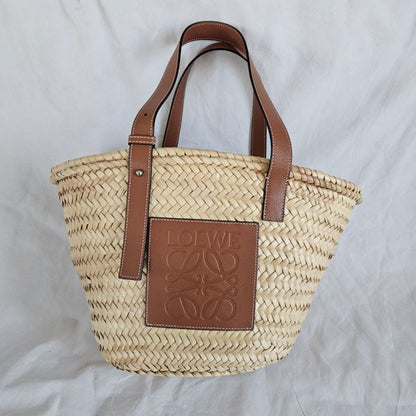 Loewe Logo Basket Bag in Palm Leaf & Leather