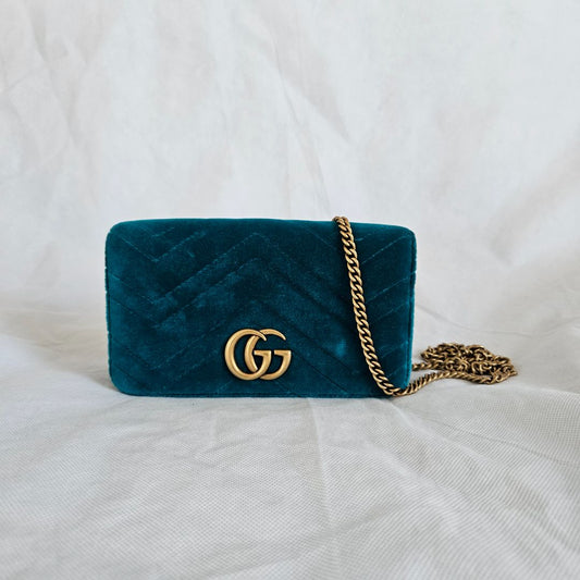 Velvet Matelasse GG Marmont Mini Bag Pavone Cyan