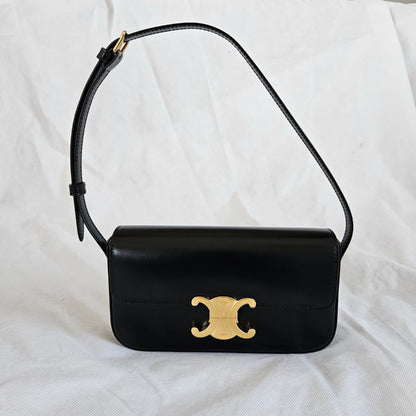 Celine Triomphe Claude Black Shiny Calf Leather Shoulder Bag