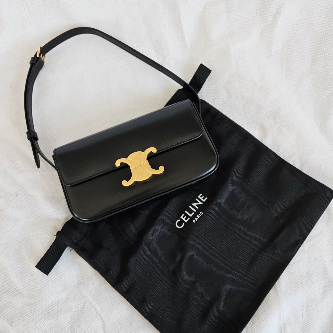 Celine Triomphe Claude Black Shiny Calf Leather Shoulder Bag