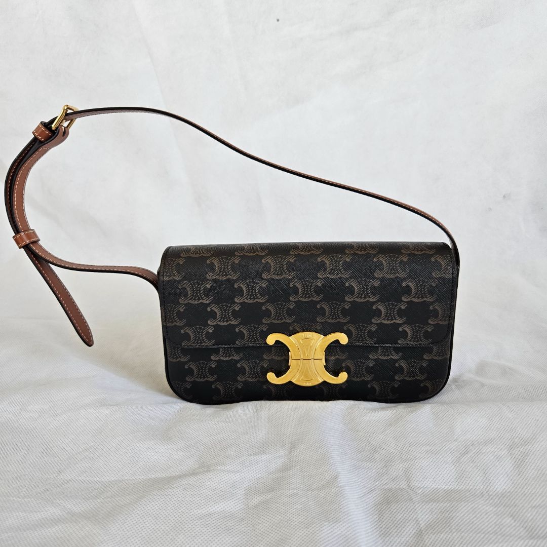 Celine Triomphe Claude Brown Canvas  and Leather Shoulder Bag