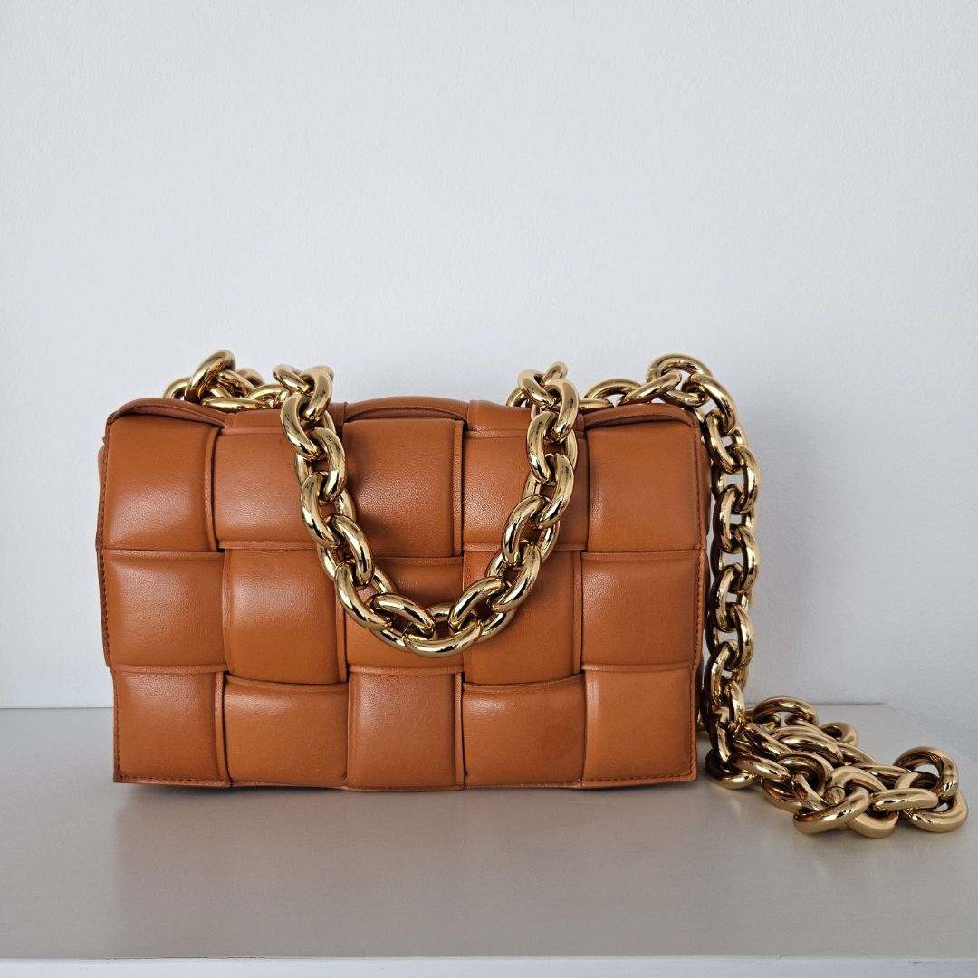 Bottega Veneta Orange Intrecciato Leather Cassette Padded Chain Bag