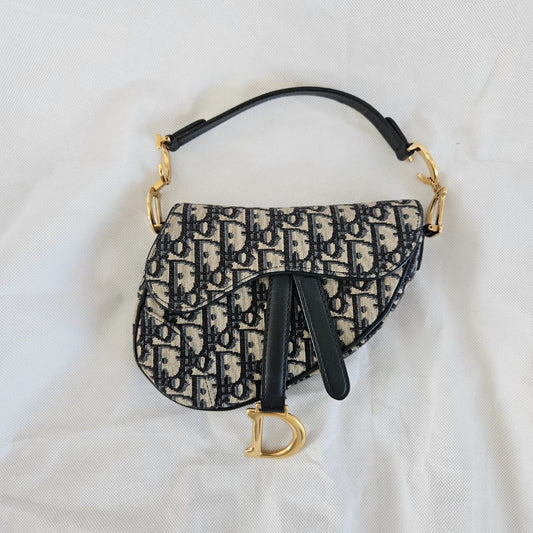 Dior Navy Blue Oblique Canvas and Leather Mini Saddle Bag