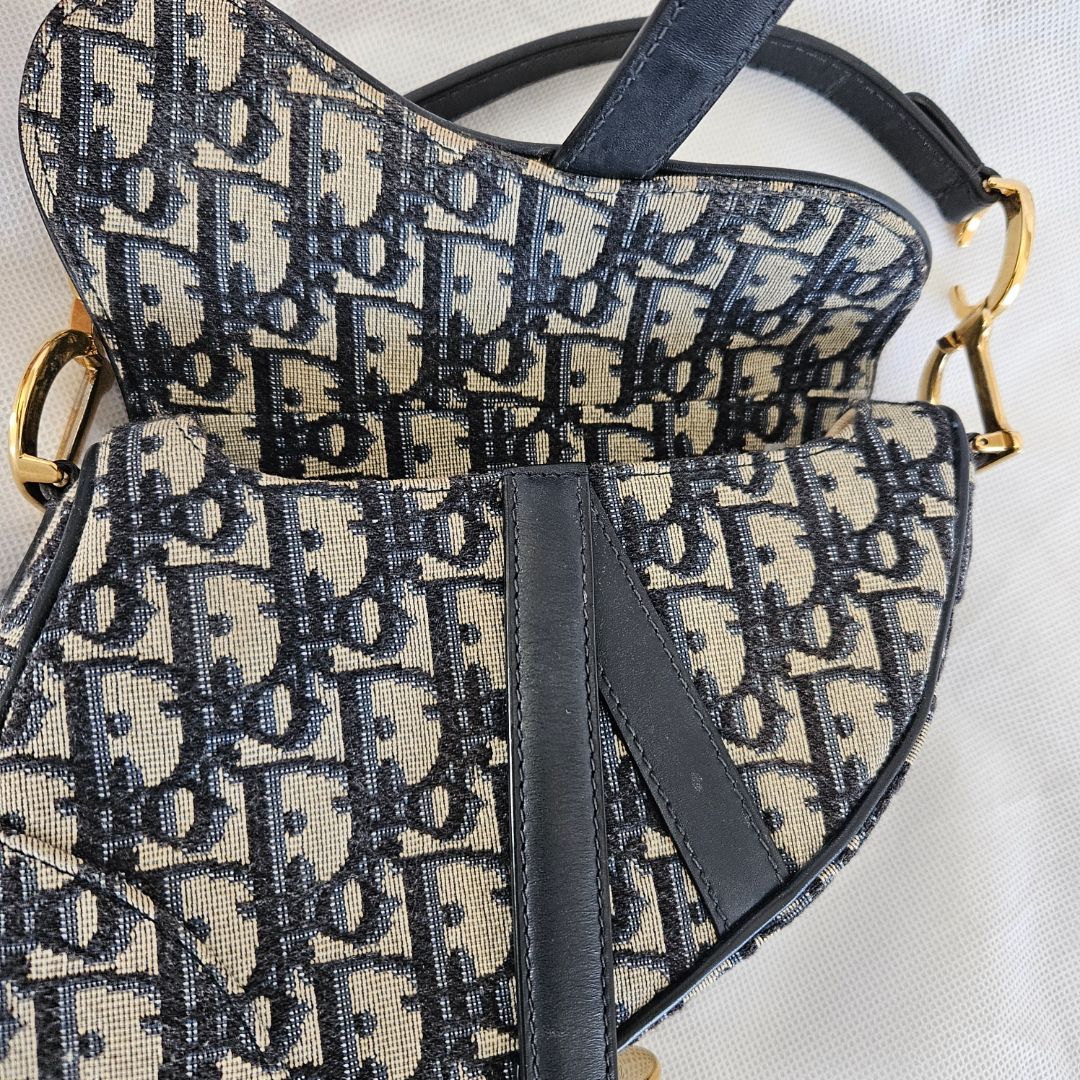 Dior Navy Blue Oblique Canvas and Leather Mini Saddle Bag