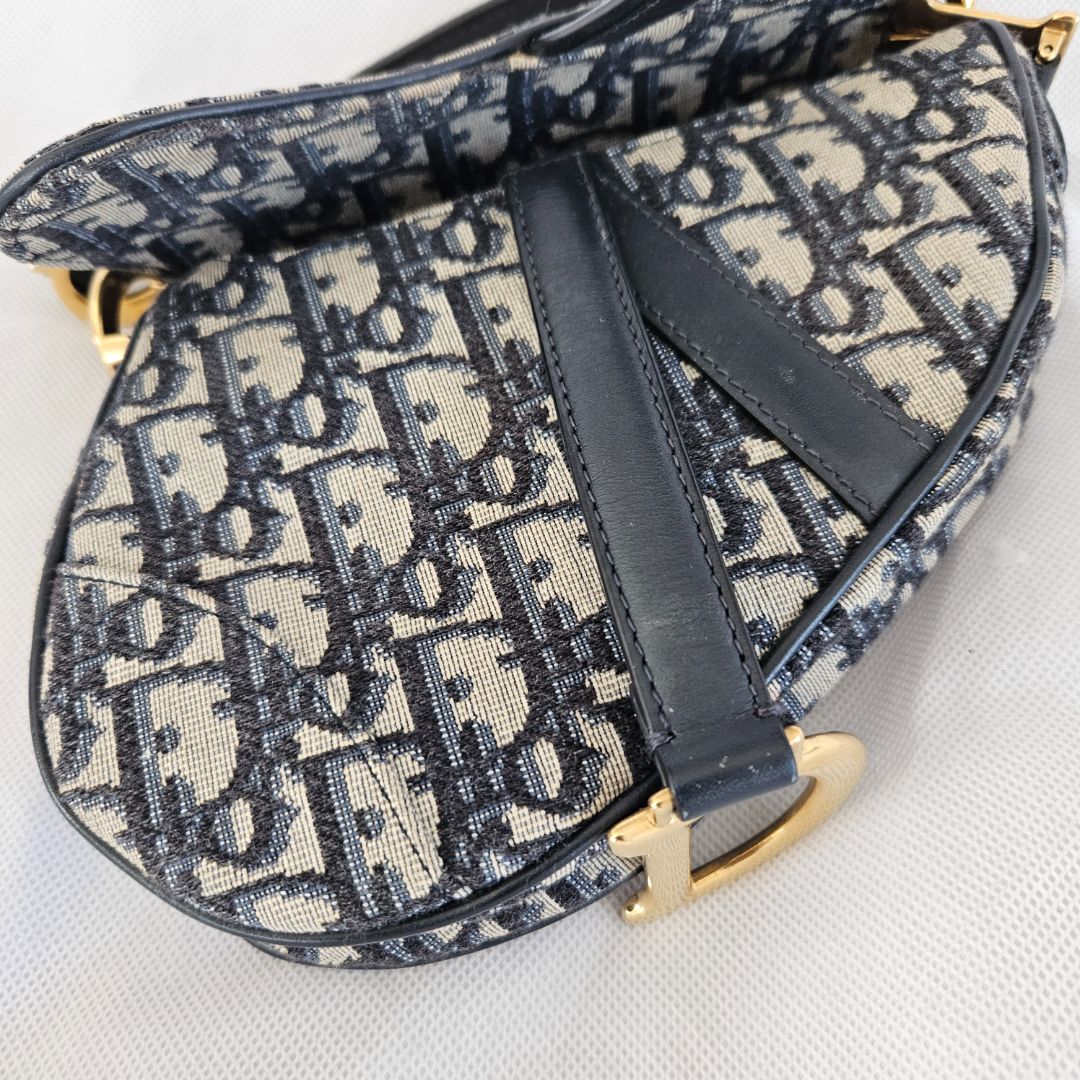 Dior Navy Blue Oblique Canvas and Leather Mini Saddle Bag