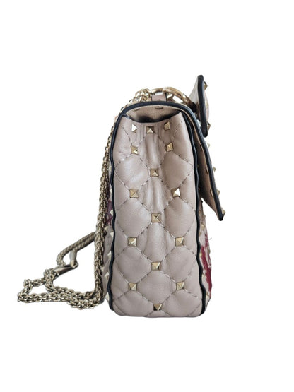 Valentino Beige/Red Flower Intarsia Leather Rockstud  Chain Shoulder Bag