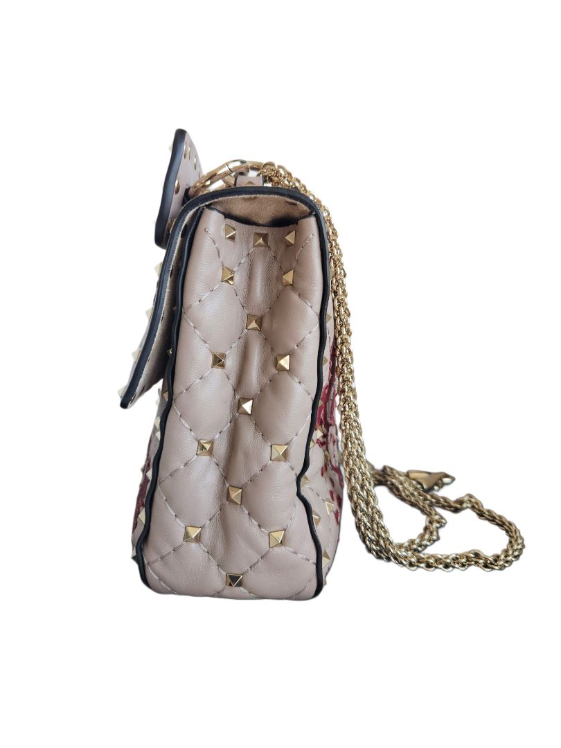 Valentino Beige/Red Flower Intarsia Leather Rockstud  Chain Shoulder Bag