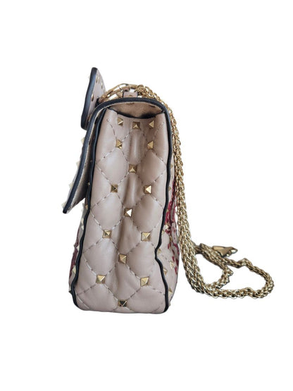 Valentino Beige/Red Flower Intarsia Leather Rockstud  Chain Shoulder Bag