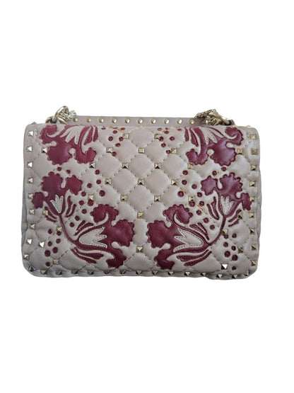 Valentino Beige/Red Flower Intarsia Leather Rockstud  Chain Shoulder Bag