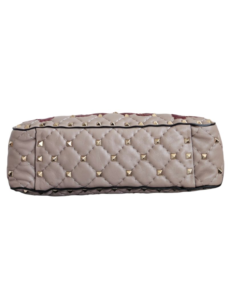 Valentino Beige/Red Flower Intarsia Leather Rockstud  Chain Shoulder Bag