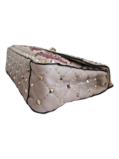 Valentino Beige/Red Flower Intarsia Leather Rockstud  Chain Shoulder Bag