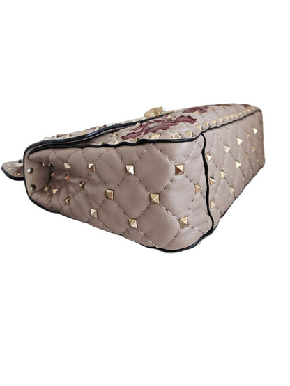 Valentino Beige/Red Flower Intarsia Leather Rockstud  Chain Shoulder Bag