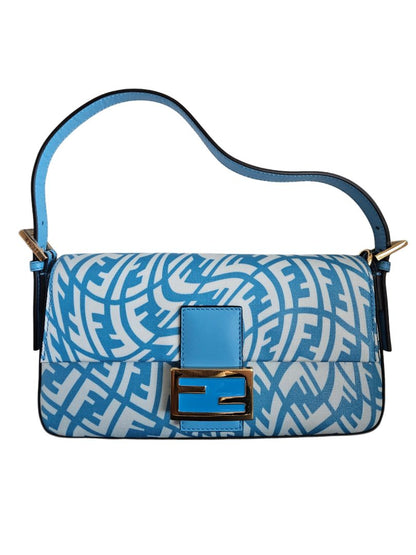 Fendi Blue/White Baguette 1997 Canvas Leather Shoulder Bag
