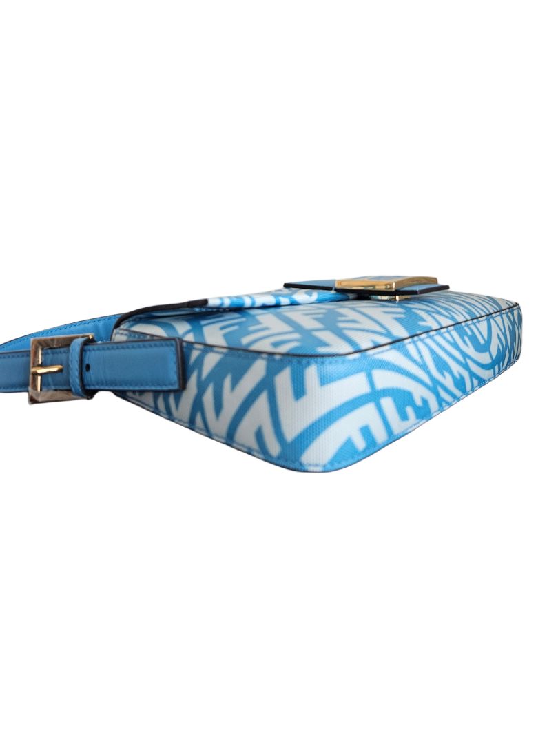 Fendi Blue/White Baguette 1997 Canvas Leather Shoulder Bag