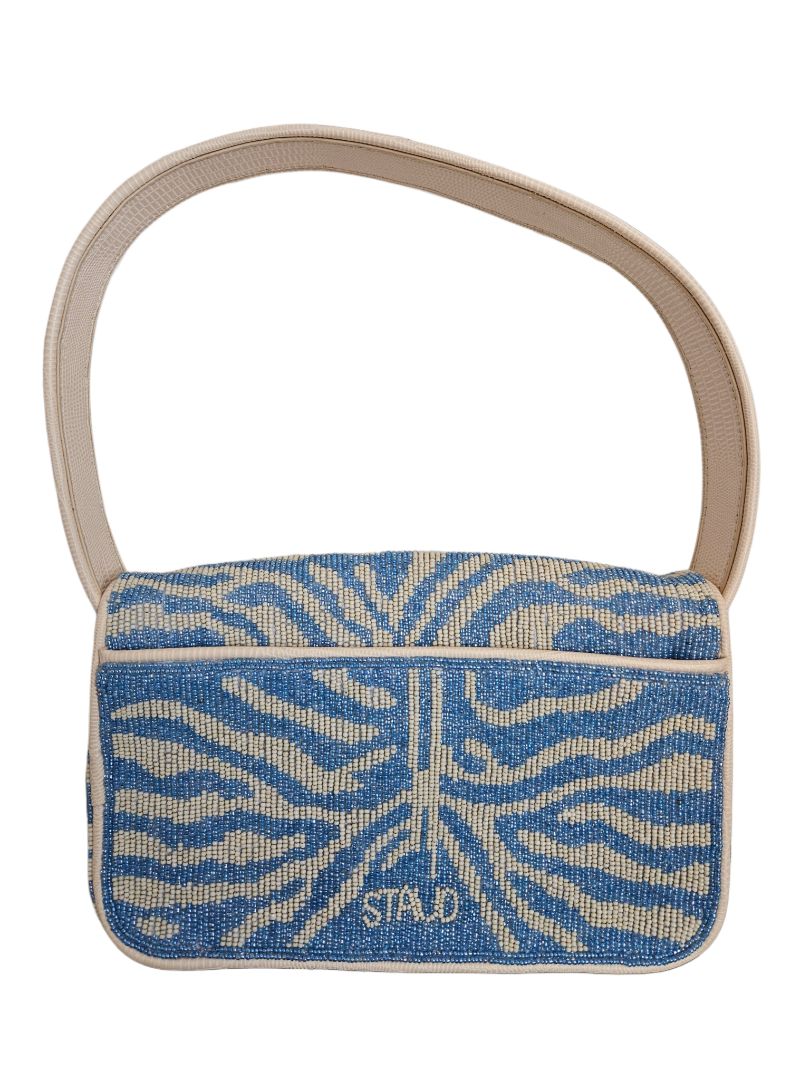 Staud Blue/White Tommy Beaded Flap  Shoulder Bag