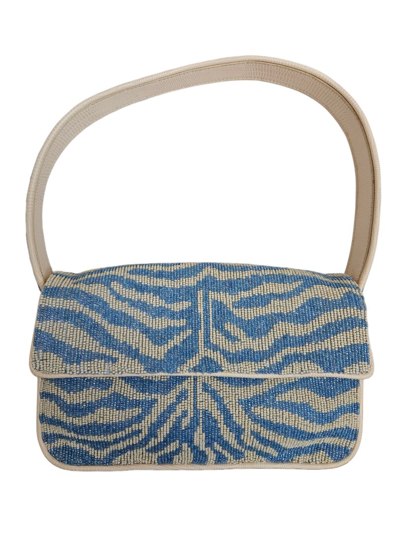 Staud Blue/White Tommy Beaded Flap  Shoulder Bag