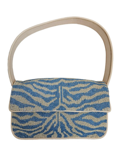 Staud Blue/White Tommy Beaded Flap  Shoulder Bag