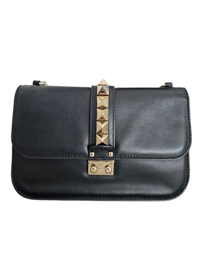 Valentino Black Leather Glam Lock Chain Shoulder Bag
