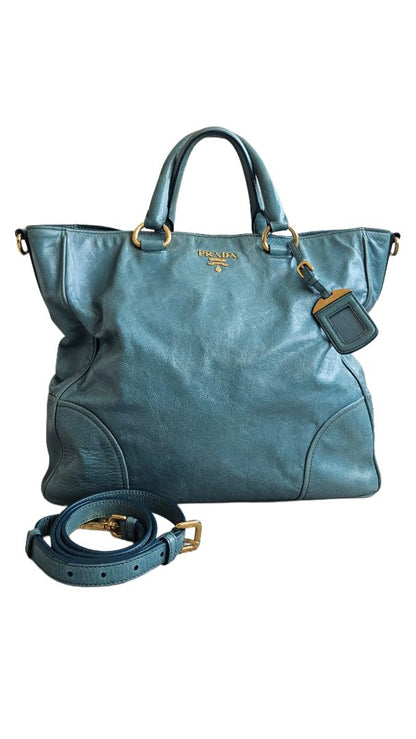 Prada Blue Convertible Vitello leather Tote Bag